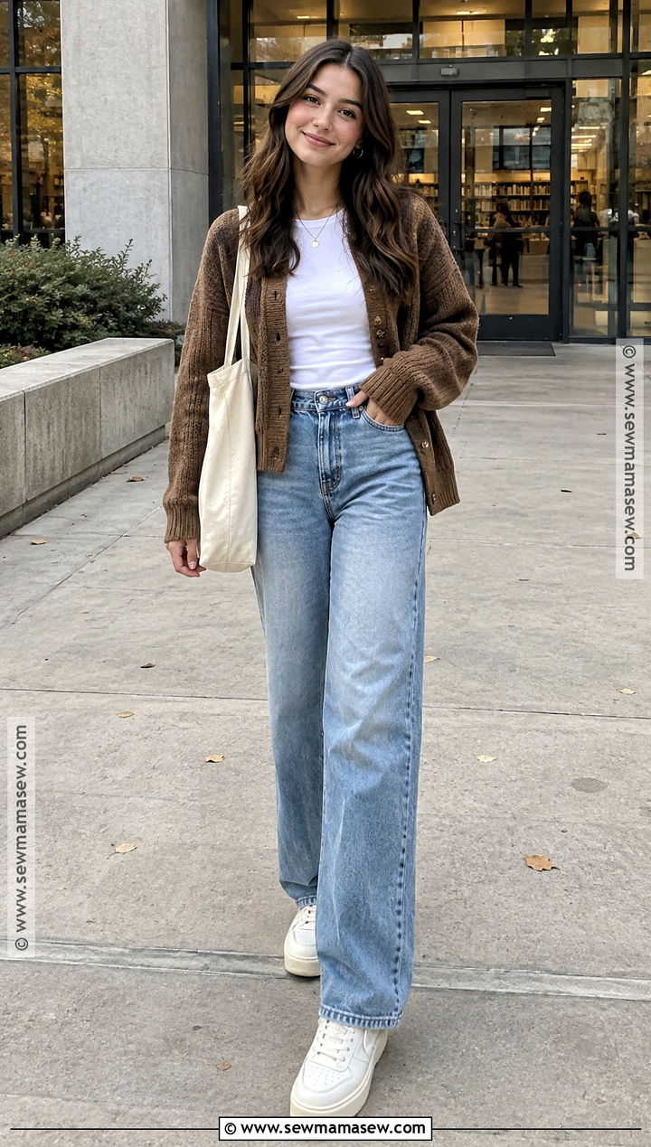 Cardigan And Wide Leg Jeans School Outfit - 25 cute fall outfits for school