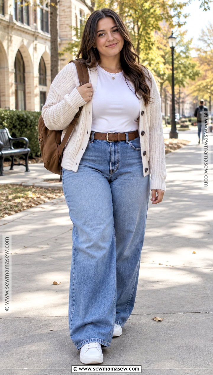 Cardigan And Wide Leg Jeans School Outfit - 25 cute outfits for school fall