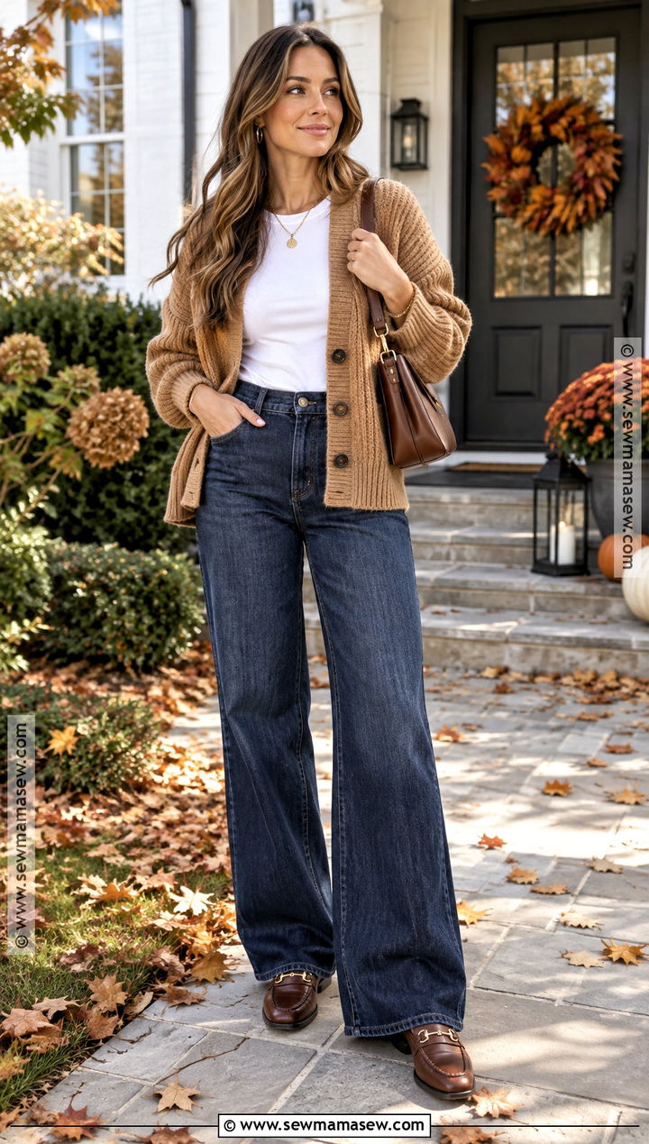 Cardigan And Wide Leg Jeans Thanksgiving Outfit - 25 Comfy Thanksgiving Outfit Ideas