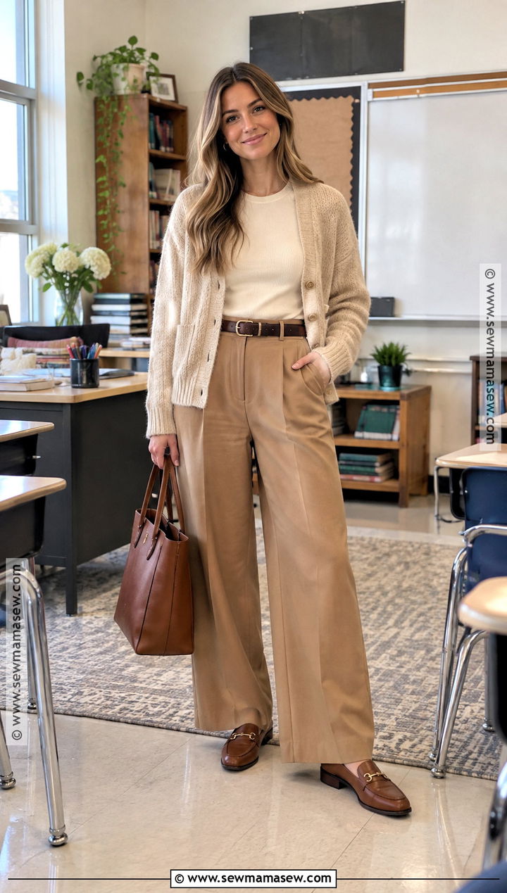 Cardigan And Wide Leg Pants Fall Teacher Outfit - 15 fall teacher outfits 2026
