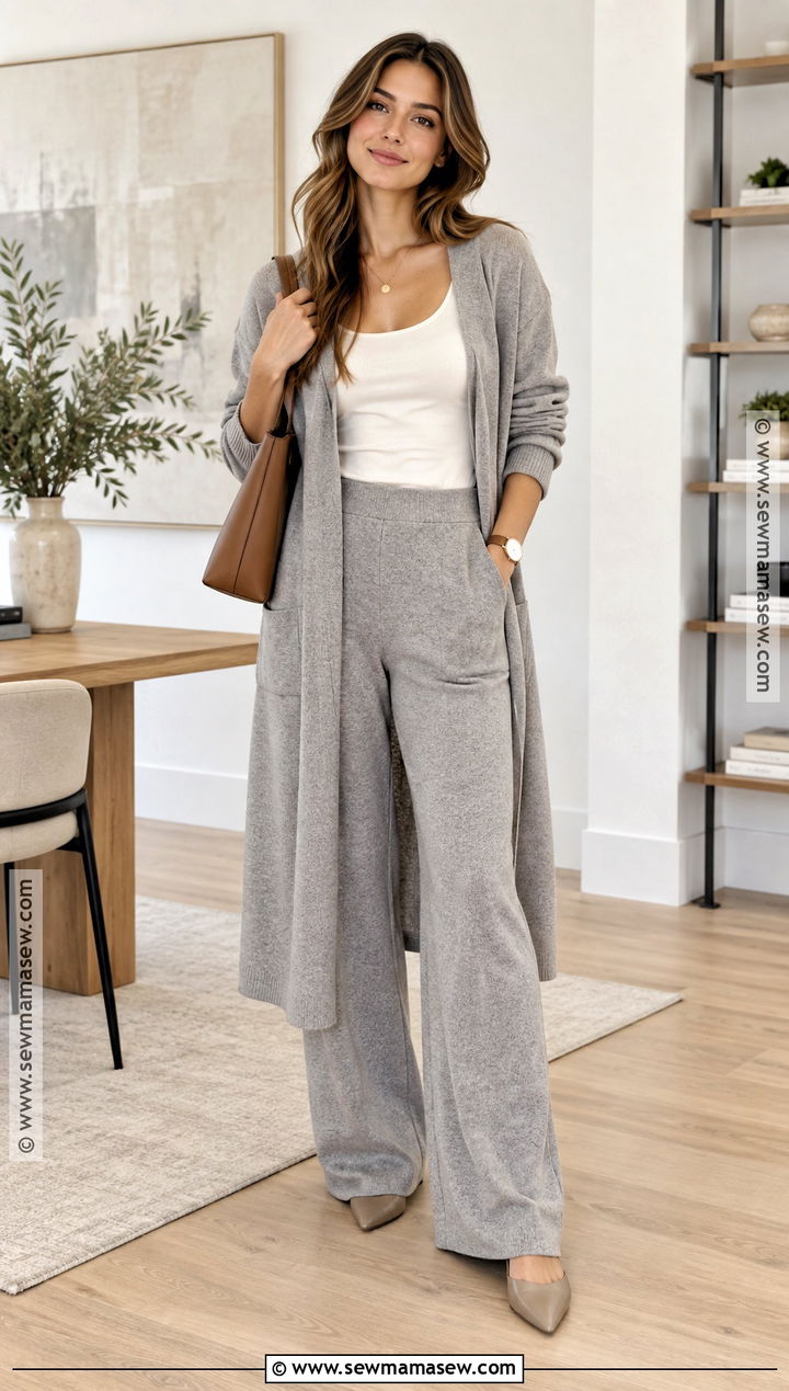 Cardigan And Wide Leg Pants Set - 15 cozy fall outfit set ideas