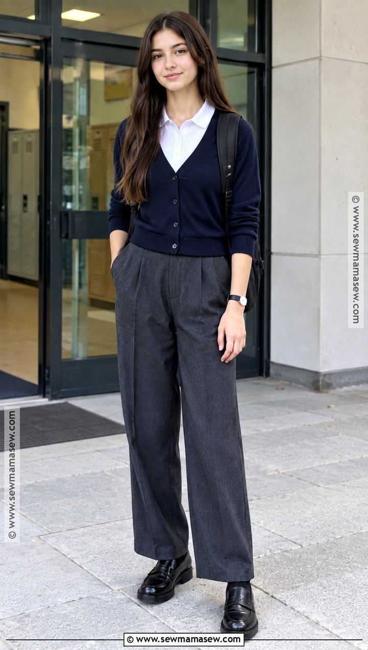 Cardigan And Wide Leg Trousers Uniform Outfit - 20 uniform back to school outfits