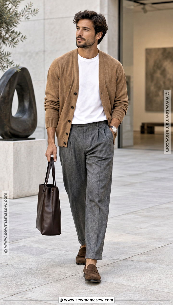Cardigan Autumn Outfit With Pleated Trousers - 25 autumn outfits men casual
