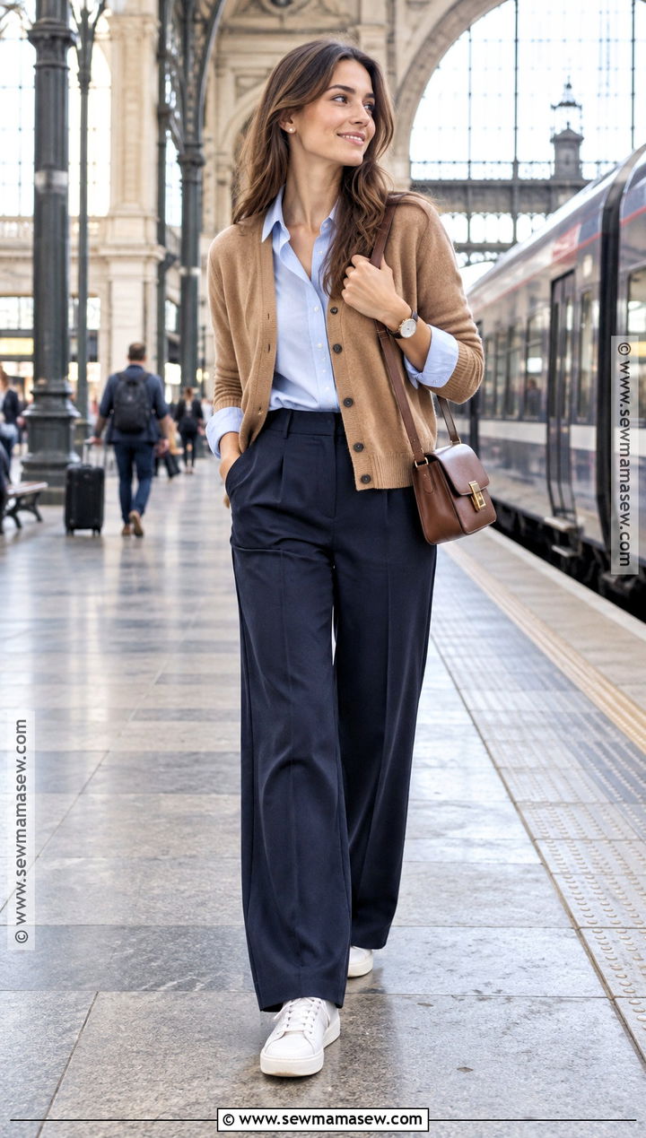 Cardigan Button Down Shirt Wide Leg Trousers And Sneakers - 20 Fall Travel Capsule Wardrobe Europe Ideas