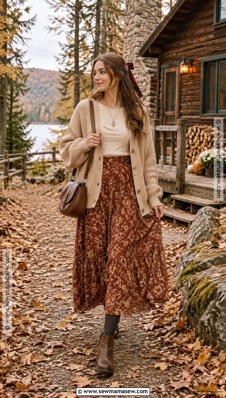 Cardigan Cabin Outfit With Maxi Skirt and Boots - 15 cute cabin outfits fall