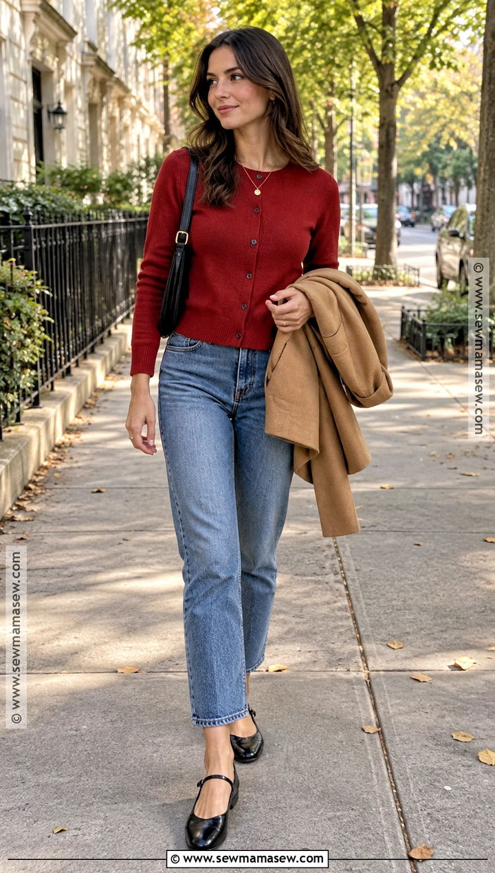 Cardigan Fall Outfit With Jeans And Mary Janes - 25 effortless fall outfits