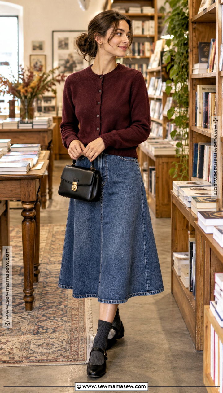 Cardigan Jean Skirt And Mary Janes - 25 jean skirt fall outfits