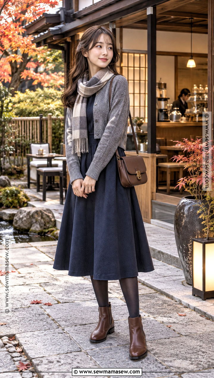 Cardigan Midi Dress And Boots Japan Autumn Outfit - 20 japan travel outfit autumn ideas