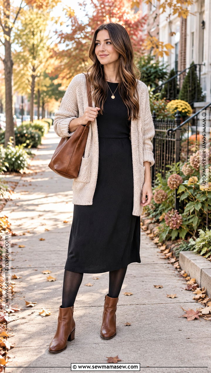 Cardigan Midi Dress and Ankle Boots Fall Outfit - 25 simple fall outfits casual