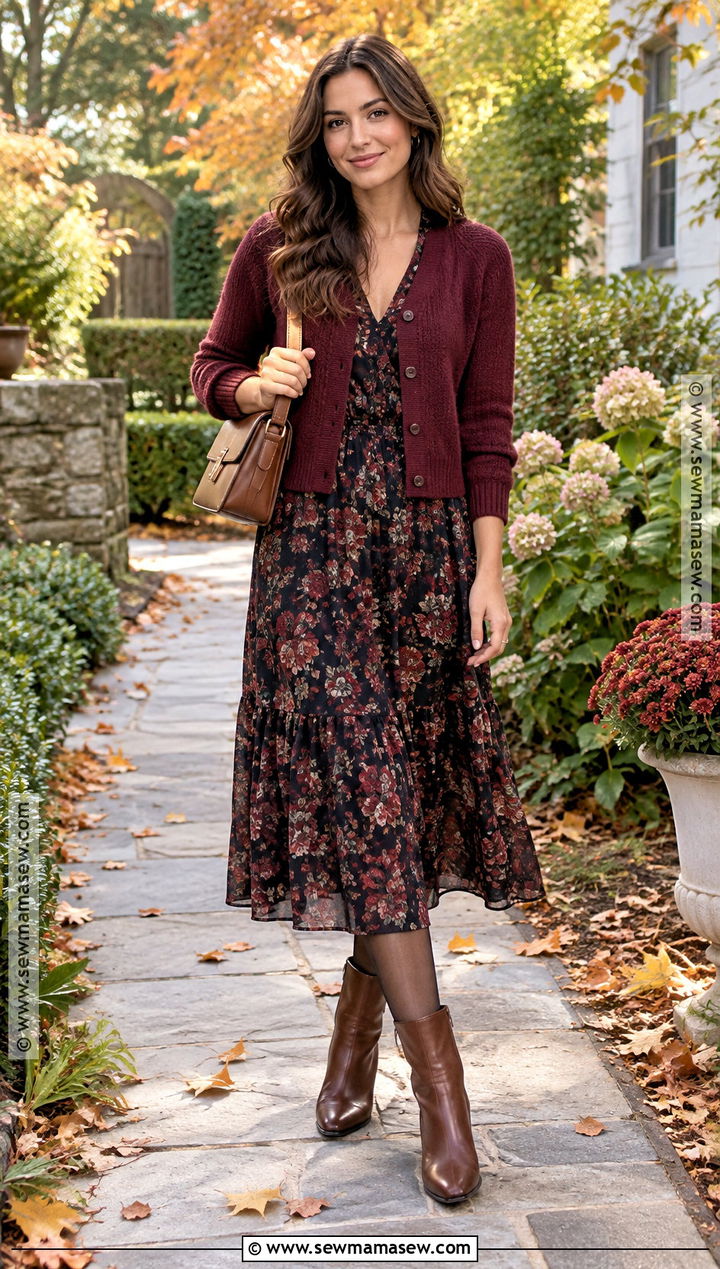 Cardigan Over A Floral Midi Dress - 25 fall outfits cardigans