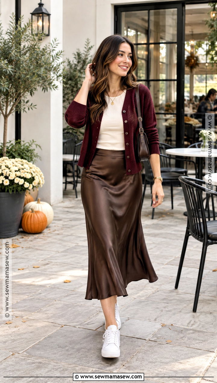 Cardigan Satin Midi Skirt And Sneakers Fall Outfit - 15 Womens Fall Fashion Casual Ideas