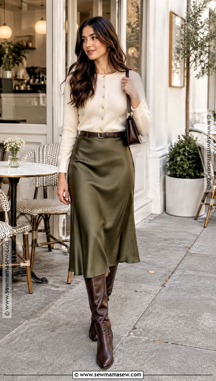 Cardigan Satin Skirt And Boots Fall Outfit - 15 Outfit Inspo Fall And Winter Ideas