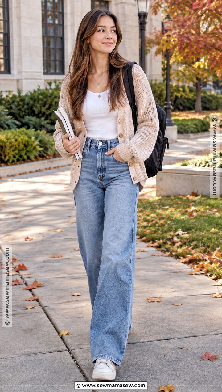Cardigan School Outfit With Wide Leg Jeans - 15 casual fall outfits for school