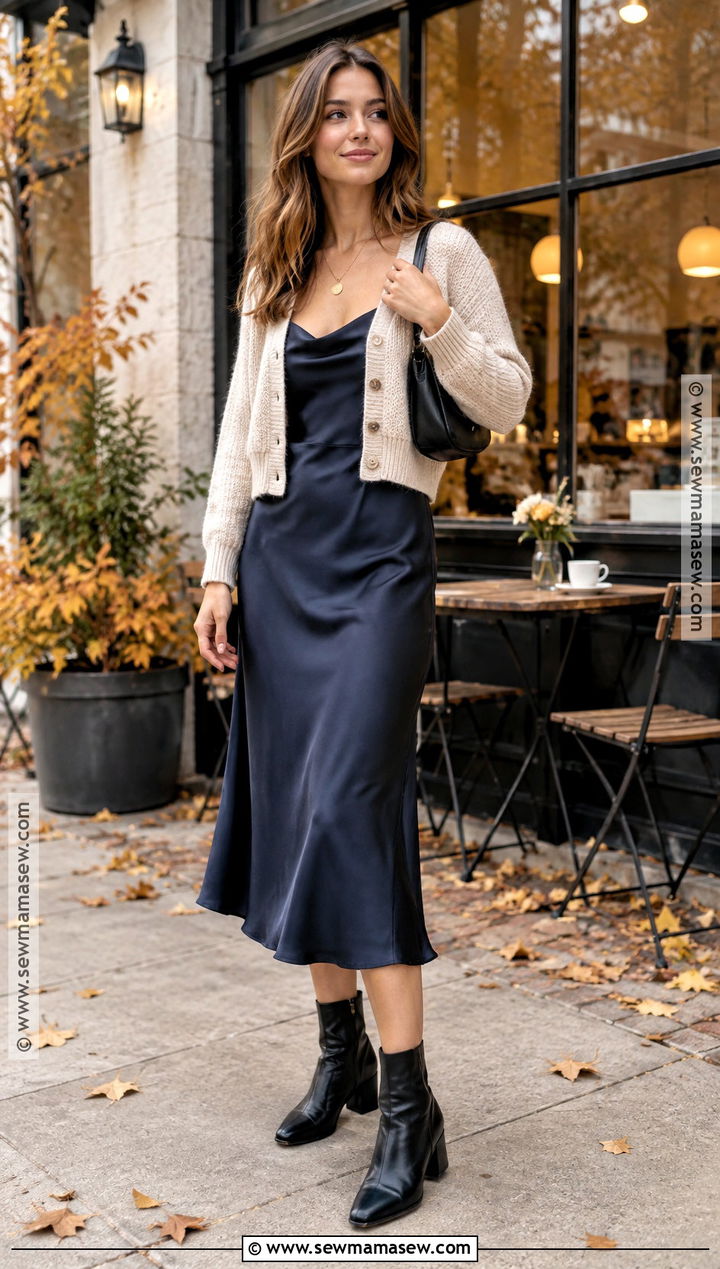 Cardigan Slip Dress and Boots Fall Coffee Date Outfit - 15 cute coffee date outfits fall