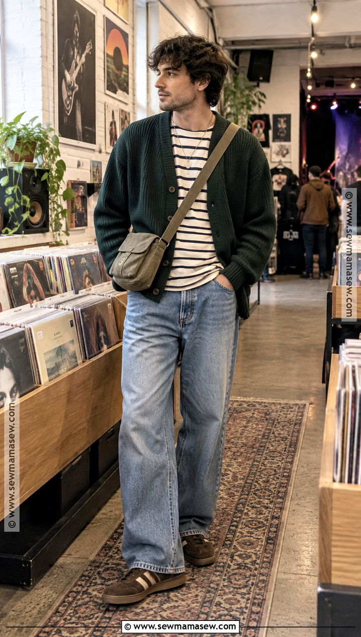 Cardigan Striped Tee and Loose Jeans Indie Concert Outfit - 15 concert outfit men fall ideas