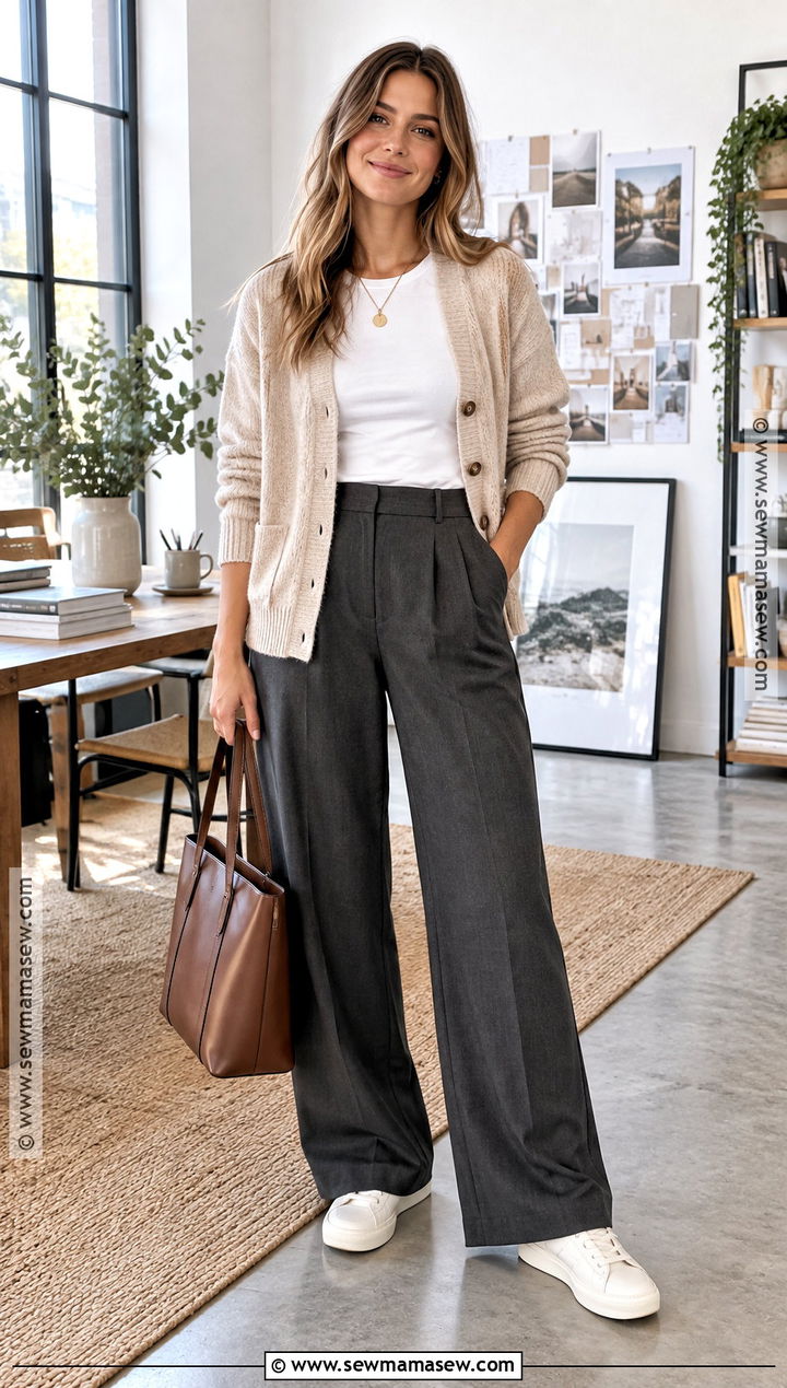 Cardigan T Shirt Wide Leg Trousers And Sneakers Fall Capsule Outfit - 25 fall capsule wardrobe ideas