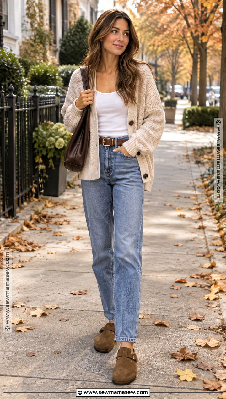 Cardigan Tank Top and Relaxed Jeans - 15 simple casual fall outfits