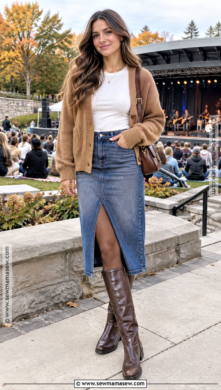 Cardigan Tee Denim Skirt Boots Outfit - 15 fall outside concert outfit ideas