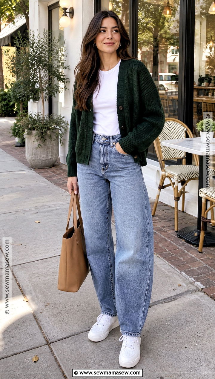 Cardigan White T Shirt Barrel Jeans And Sneakers Fall Outfit - 25 fall fit ideas