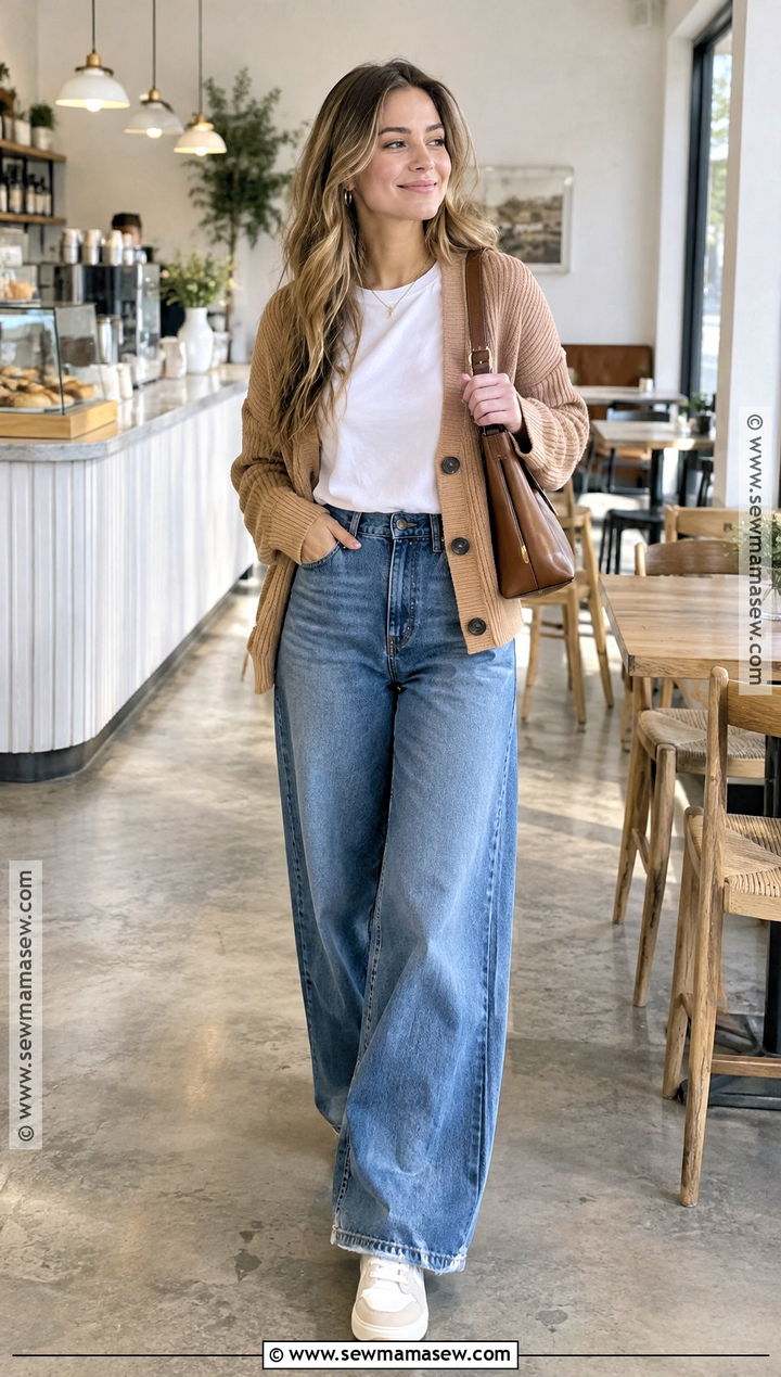 Cardigan White Tee and Wide Leg Jeans Fall Outfit - 20 simple fall fits