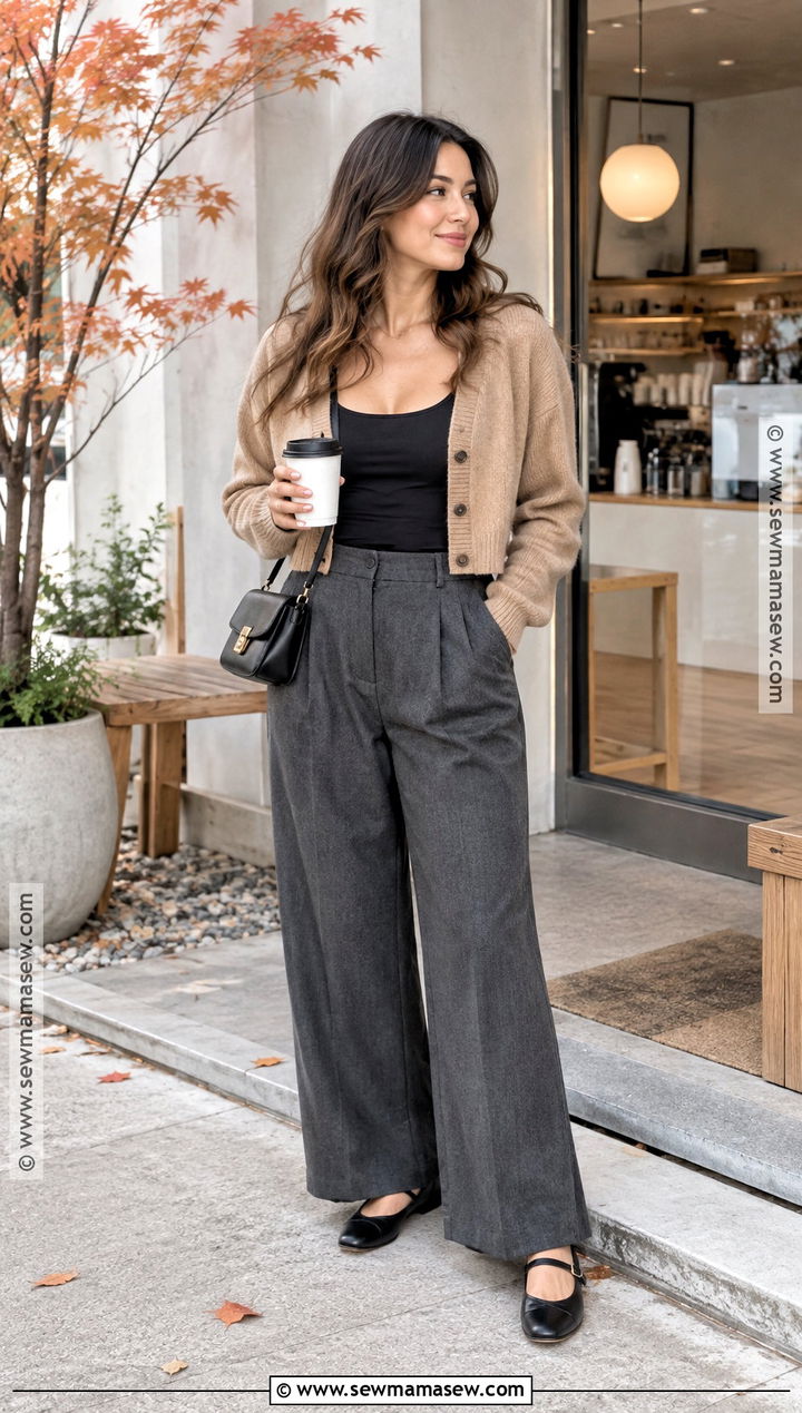 Cardigan Wide Leg Trousers And Ballet Flats - 20 Japan Outfit Fall Season Ideas