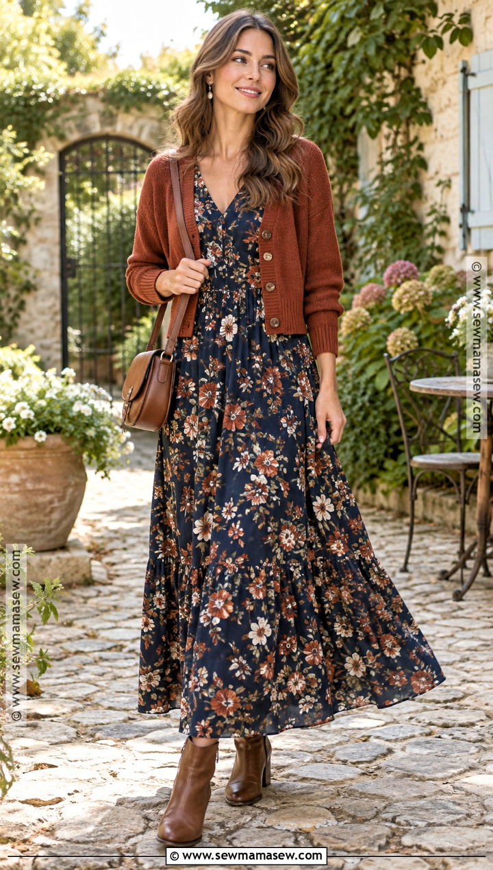 Cardigan With A Floral Maxi Dress - 20 autumn cardigan outfit ideas