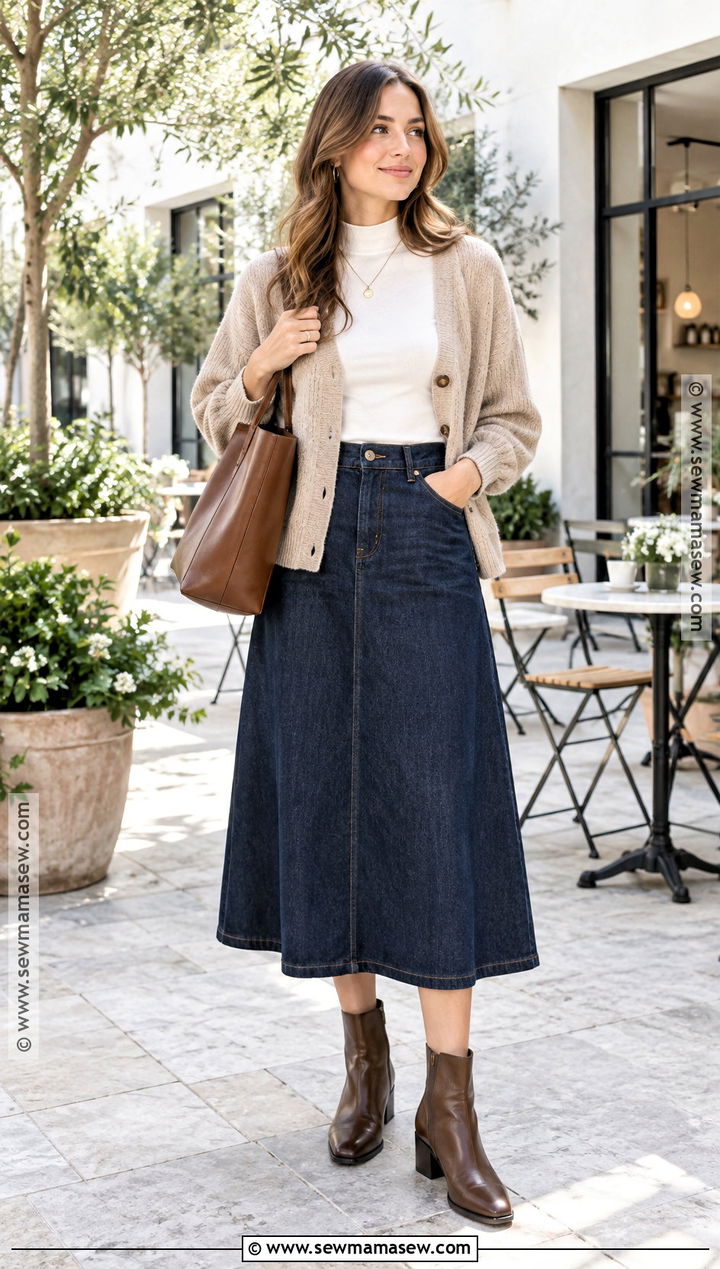 Cardigan With A Line Denim Skirt - 15 christian fall fashion ideas