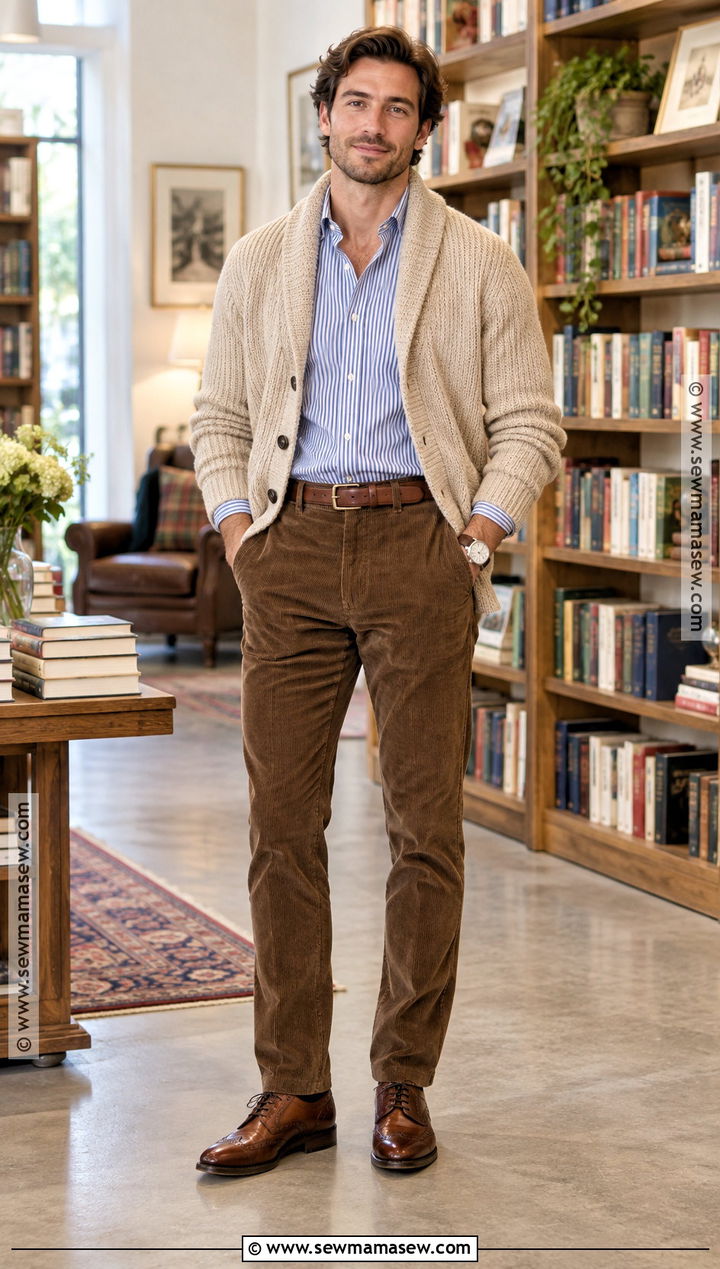 Cardigan With Button Down Shirt And Corduroy Trousers - 15 Mens Smart Casual Outfits Autumn