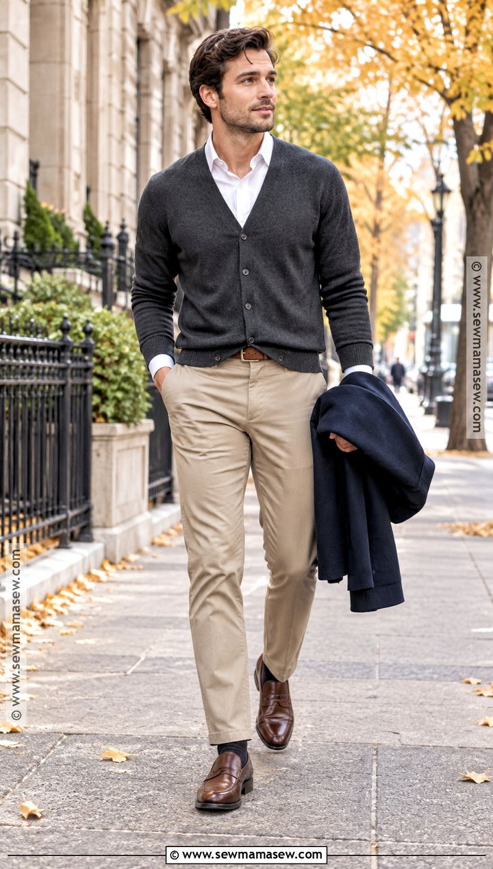 Cardigan With Button Down Shirt And Khaki Chinos - 15 men fall outfits business casual