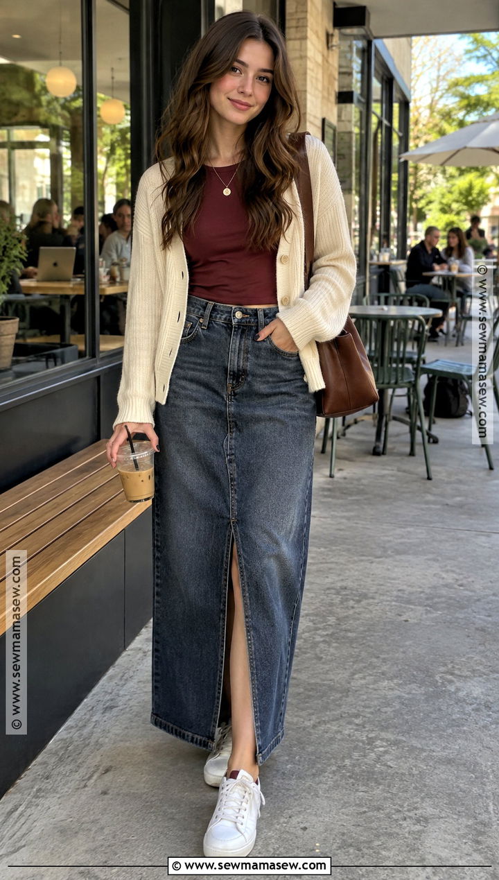 Cardigan With Denim Maxi Skirt And Sneakers - 15 fall outfits college comfy