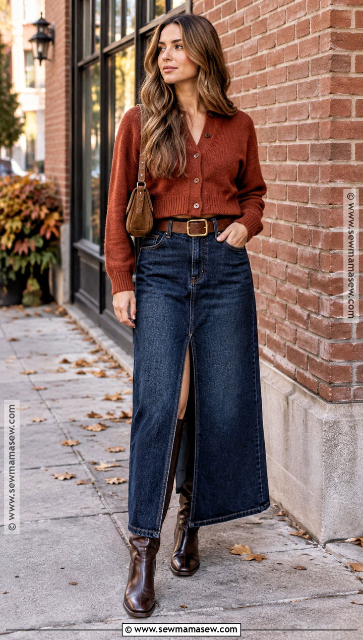 Cardigan With Denim Maxi Skirt And Tall Boots - 25 cardigan outfit fall ideas