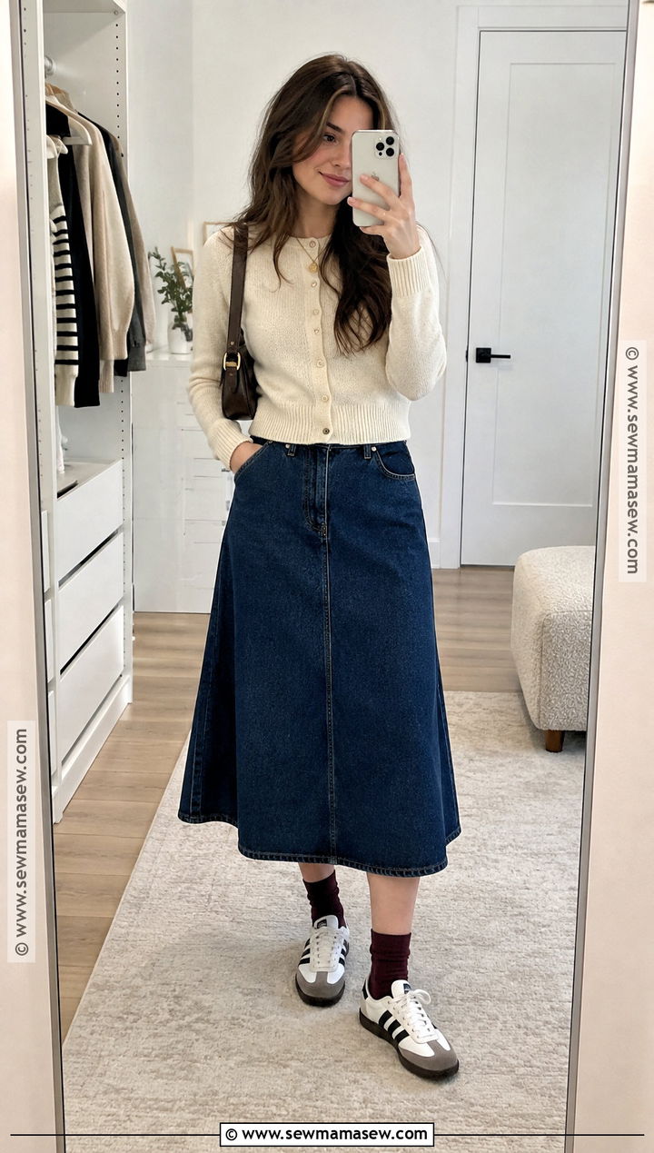 Cardigan With Denim Midi Skirt - 15 cute fall clothes for teens