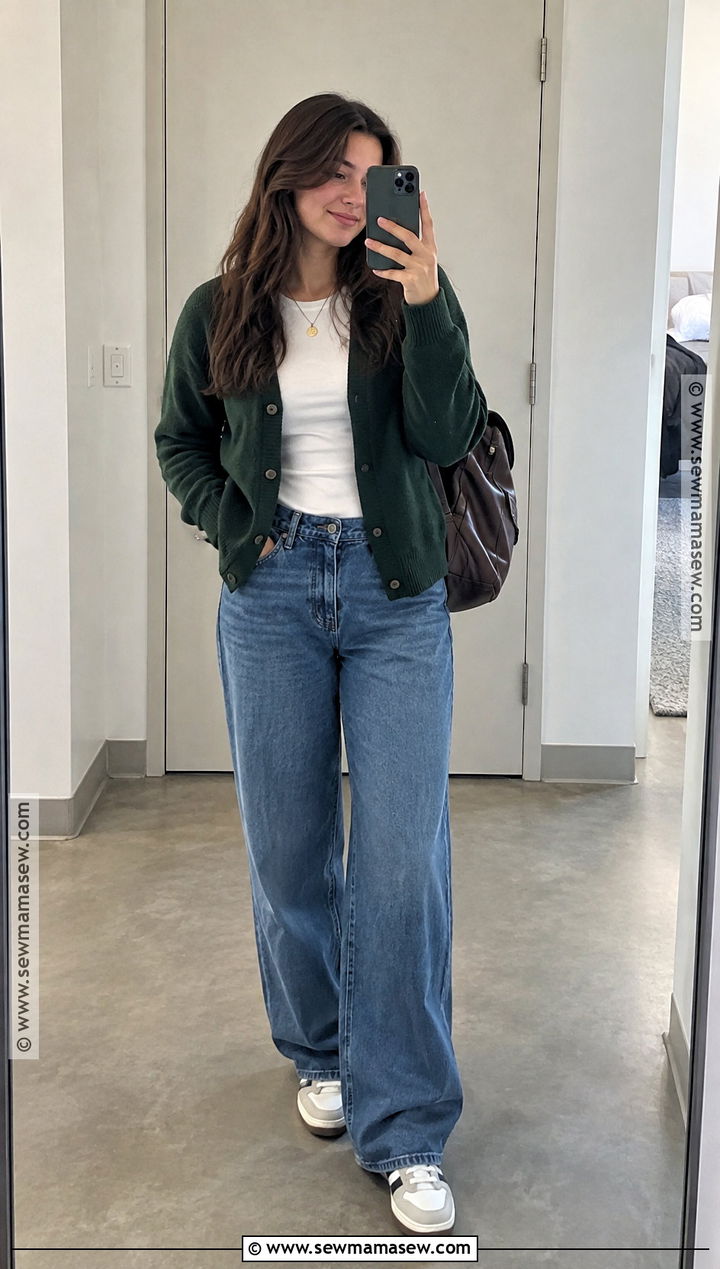 Cardigan With Fitted Tee And Baggy Jeans - 20 outfits for fall school