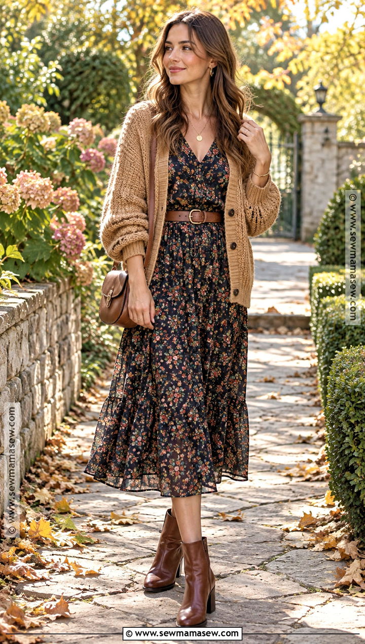 Cardigan With Floral Dress And Ankle Boots - 25 cardigan outfit fall ideas