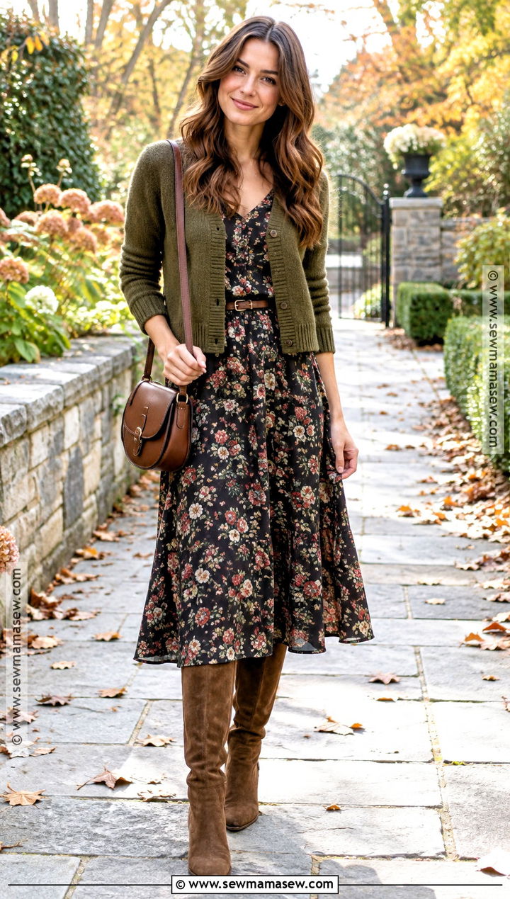 Cardigan With Floral Midi Dress - 20 autumn cardigan ideas