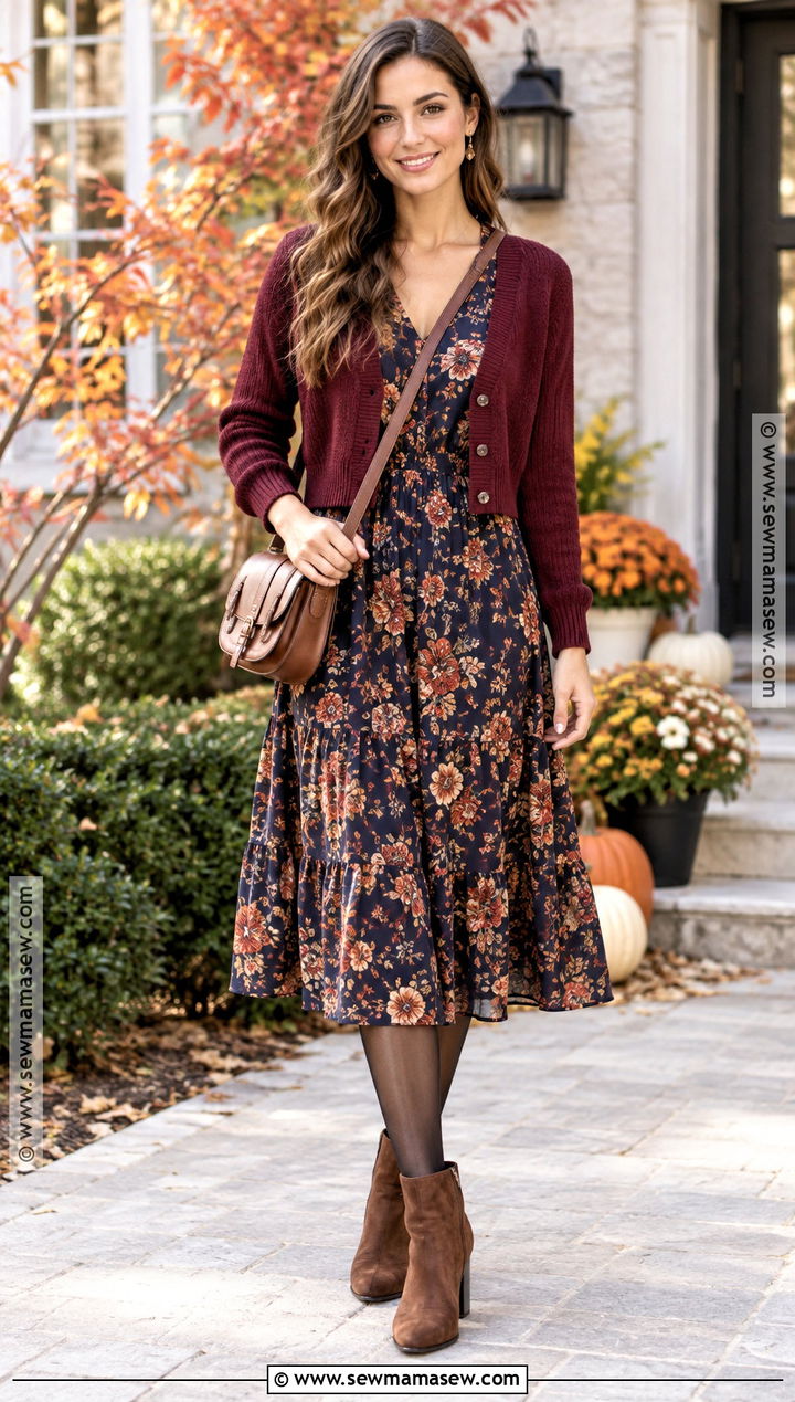Cardigan With Floral Midi Dress And Ankle Boots - 15 Fall Cardigan Outfits 2026