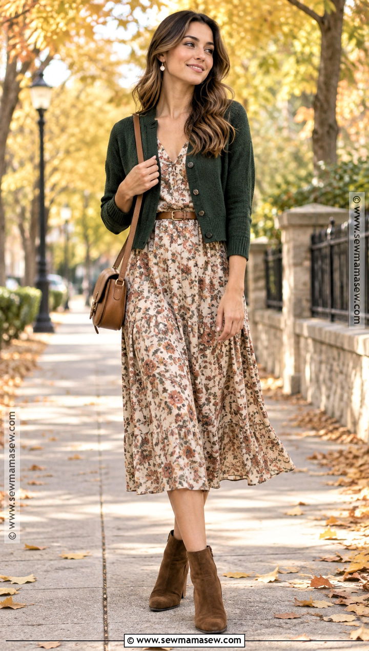 Cardigan With Floral Midi Dress And Boots - 25 fall cardigan outfits