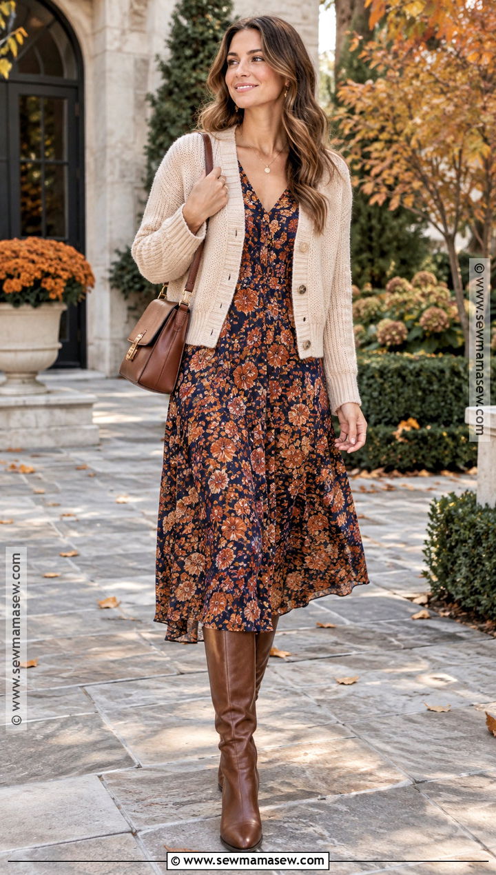 Cardigan With Floral Midi Dress - 15 cardigan fall ideas 2026