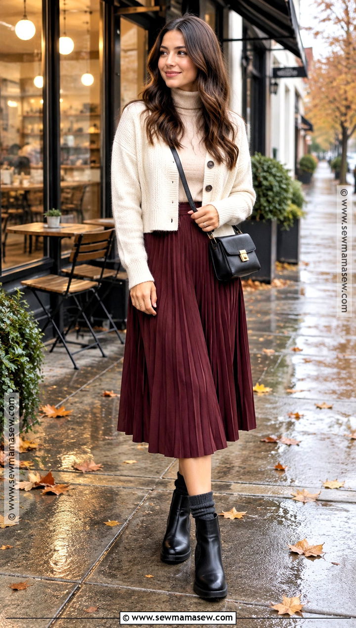 Cardigan With Midi Skirt And Ankle Rain Boots - 15 Fall Fashion Rain Boot Ideas