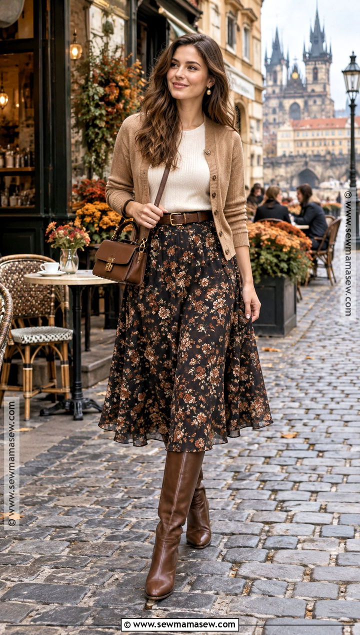 Cardigan With Midi Skirt And Knee High Boots - 15 europe vacation outfits fall