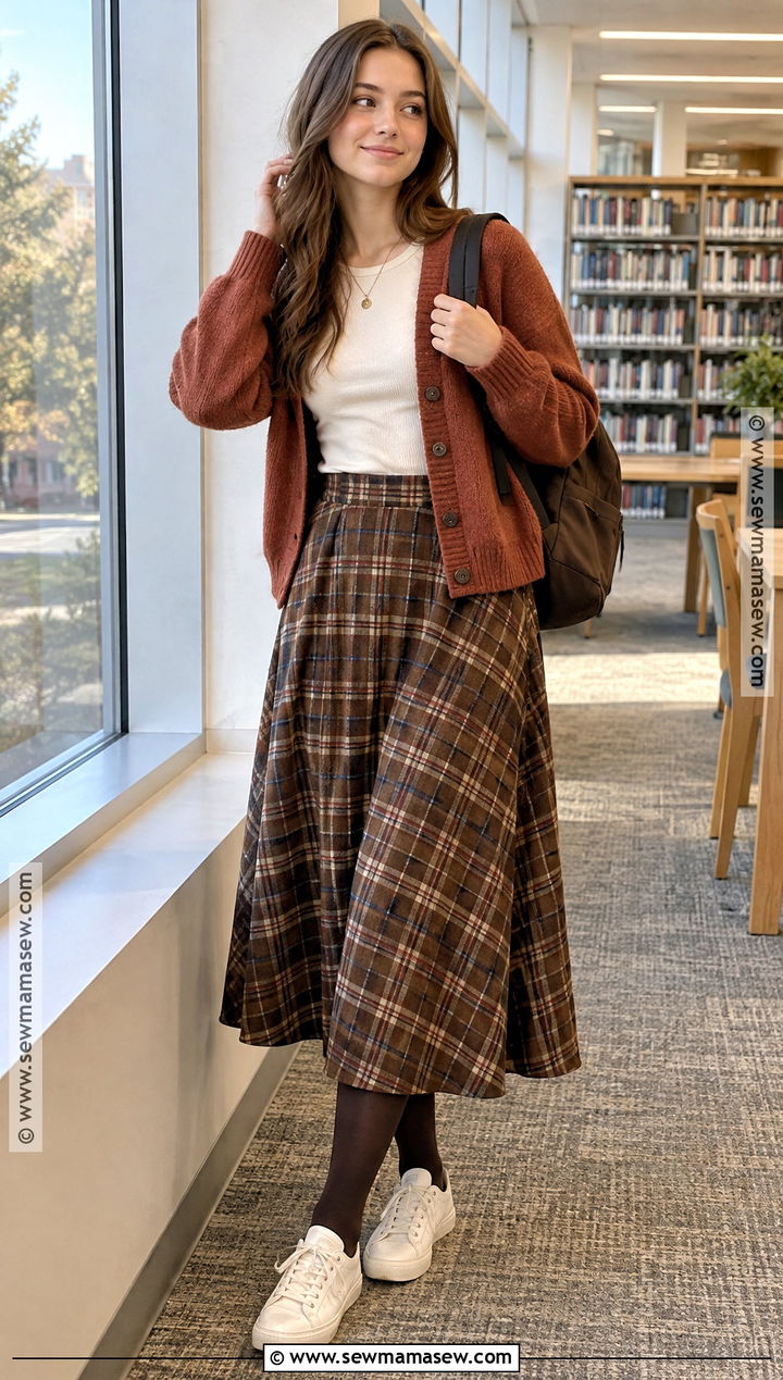 Cardigan With Midi Skirt And Sneakers - 15 comfy outfits for school fall