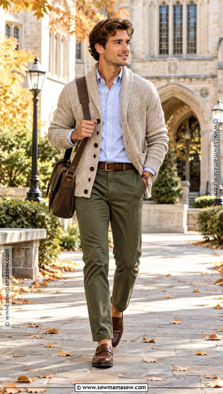 Cardigan With Oxford Shirt And Chinos - 15 Male Outfits Autumn