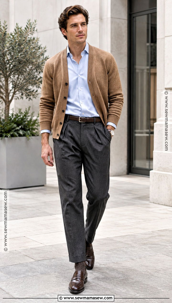 Cardigan With Oxford Shirt And Pleated Trousers - 20 Mens Fall Style Ideas