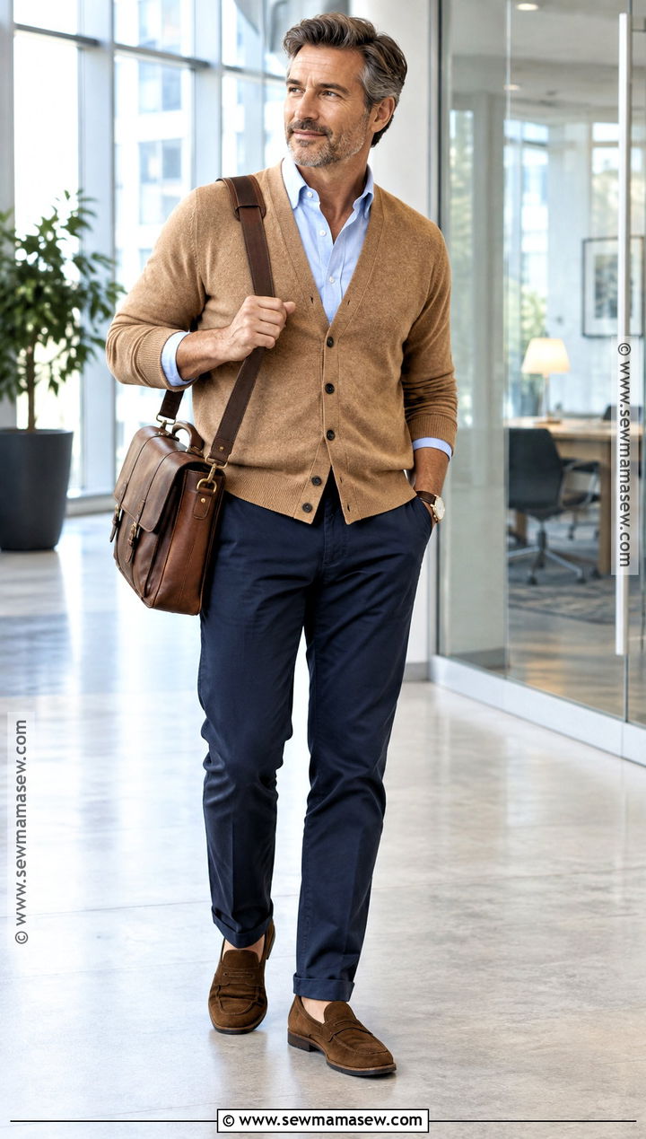Cardigan With Oxford Shirt and Relaxed Chinos - 20 fall outfits for men casual