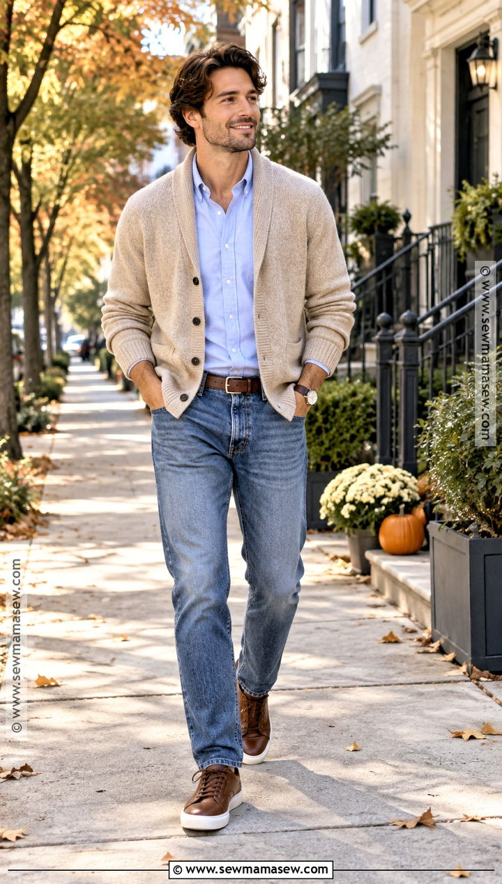 Cardigan With Oxford Shirt and Straight Jeans - 20 Men Autumn Outfit Casual Ideas