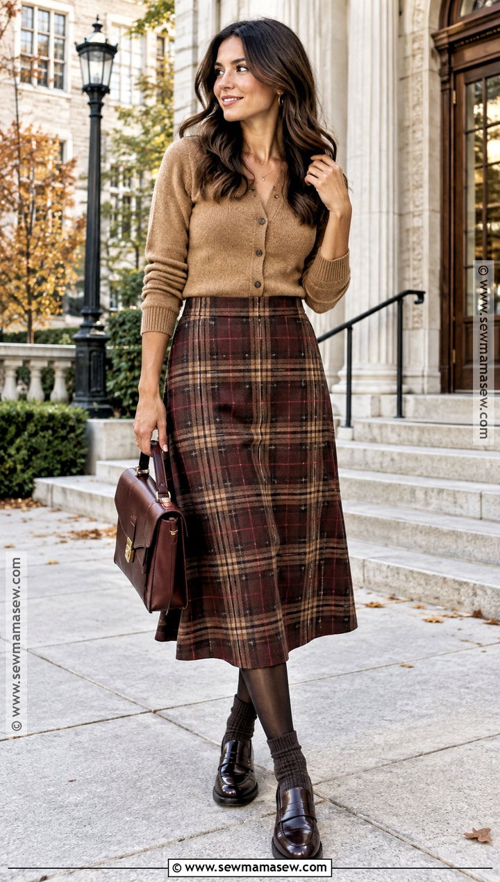 Cardigan With Plaid Skirt And Loafers - 15 cozy fall cardigan style ideas