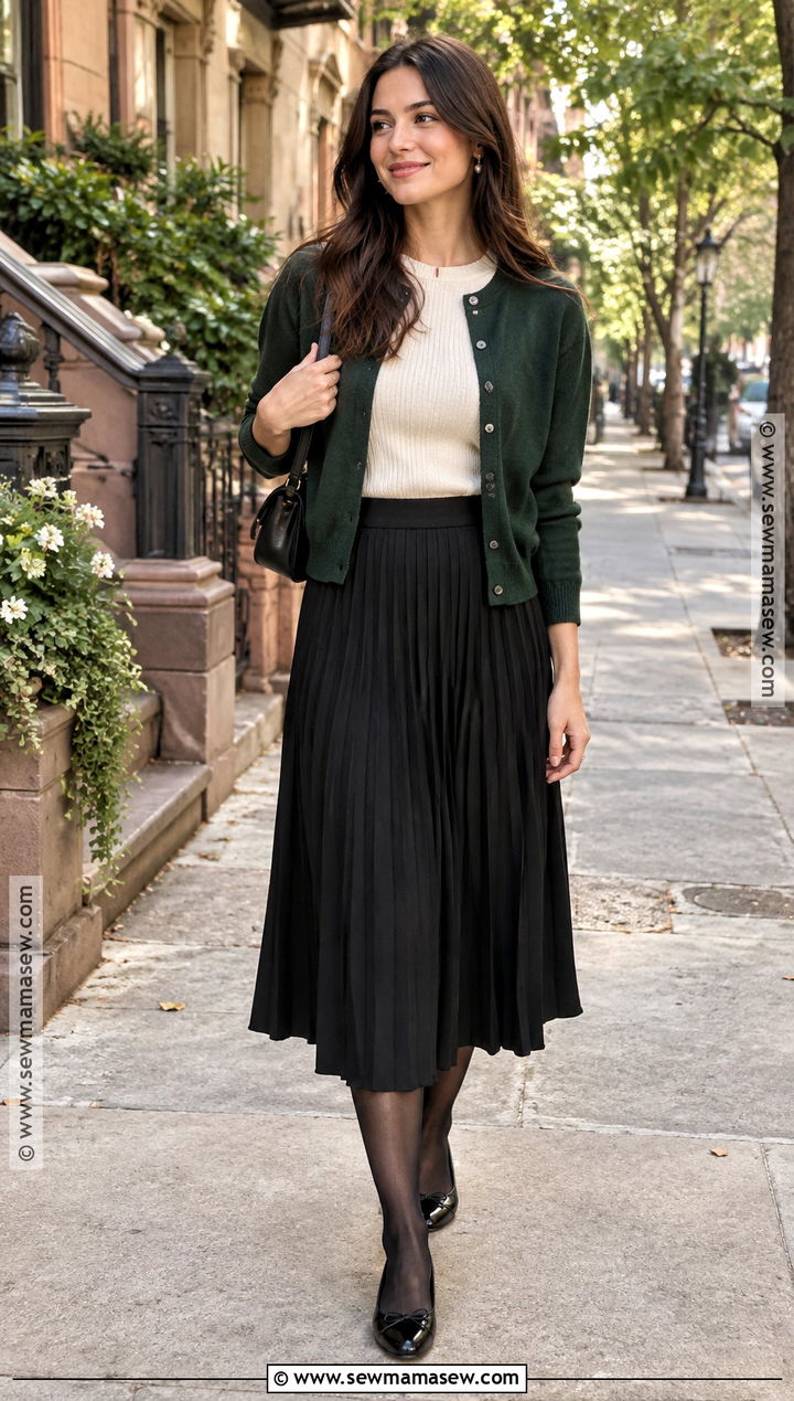 Cardigan With Pleated Midi Skirt And Ballet Flats - 15 Weekend In New York City Outfits Fall