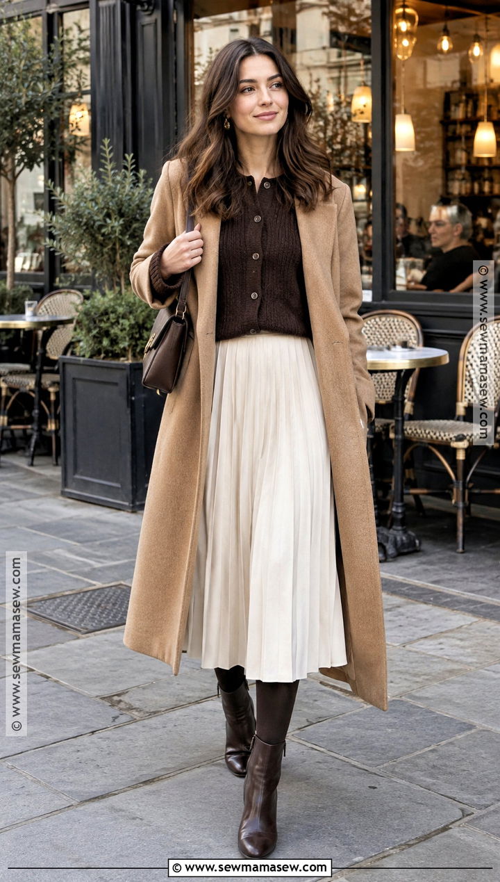 Cardigan With Pleated Skirt And Ankle Boots - 20 November London Outfit Ideas