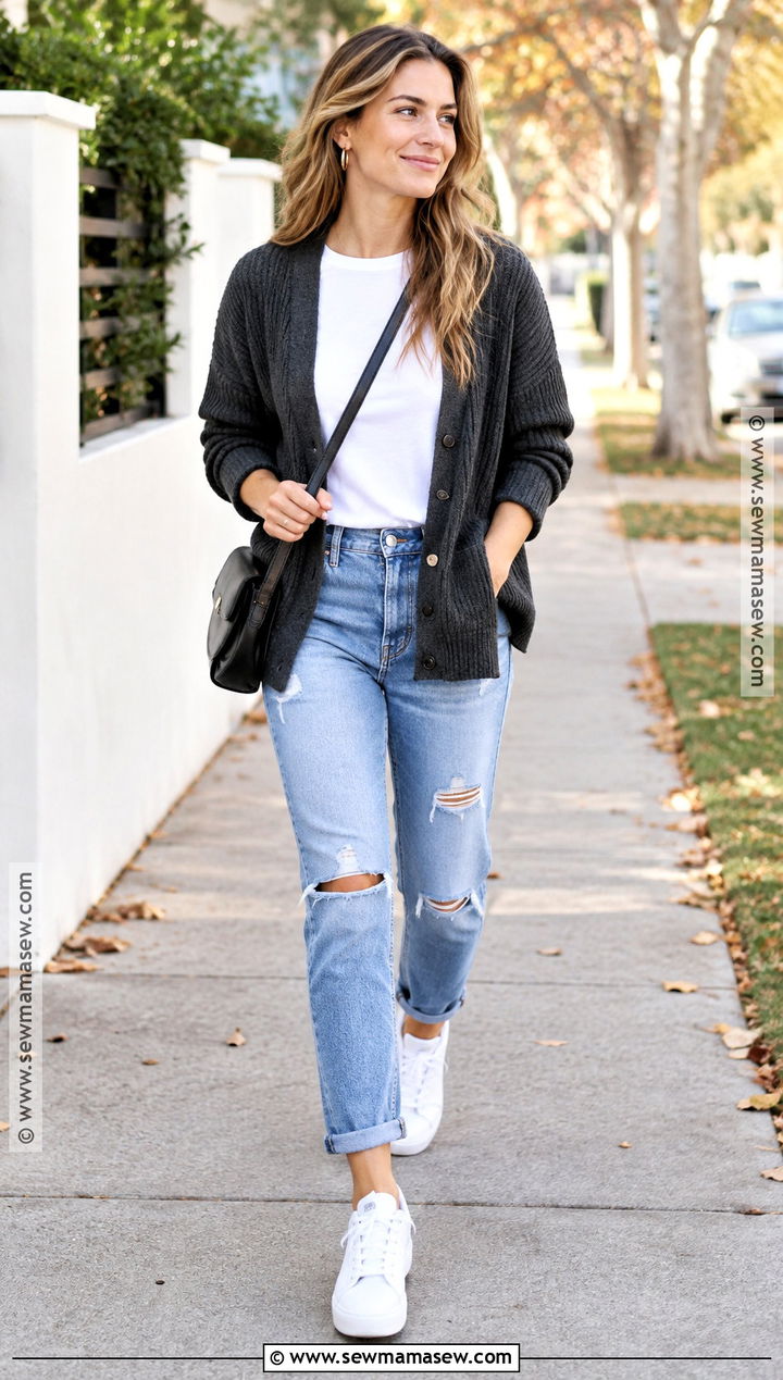 Cardigan With Ripped Jeans And Sneakers - 15 autumn outfit with cardigan and jeans