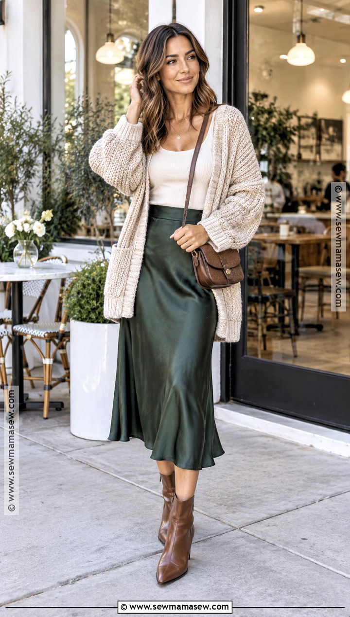 Cardigan With Satin Midi Skirt - 15 Fall Fashion 2026 Women 30S Ideas